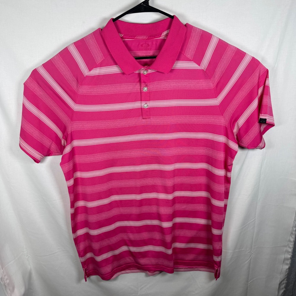 Oakley Polo Shirt Mens XL X-Large Pink Striped Short Sleeve Golf Athletic